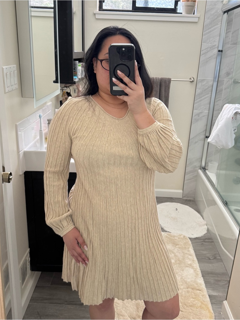 Cream Ribbed Long-Sleeve Knit Dress Size Large boho indie